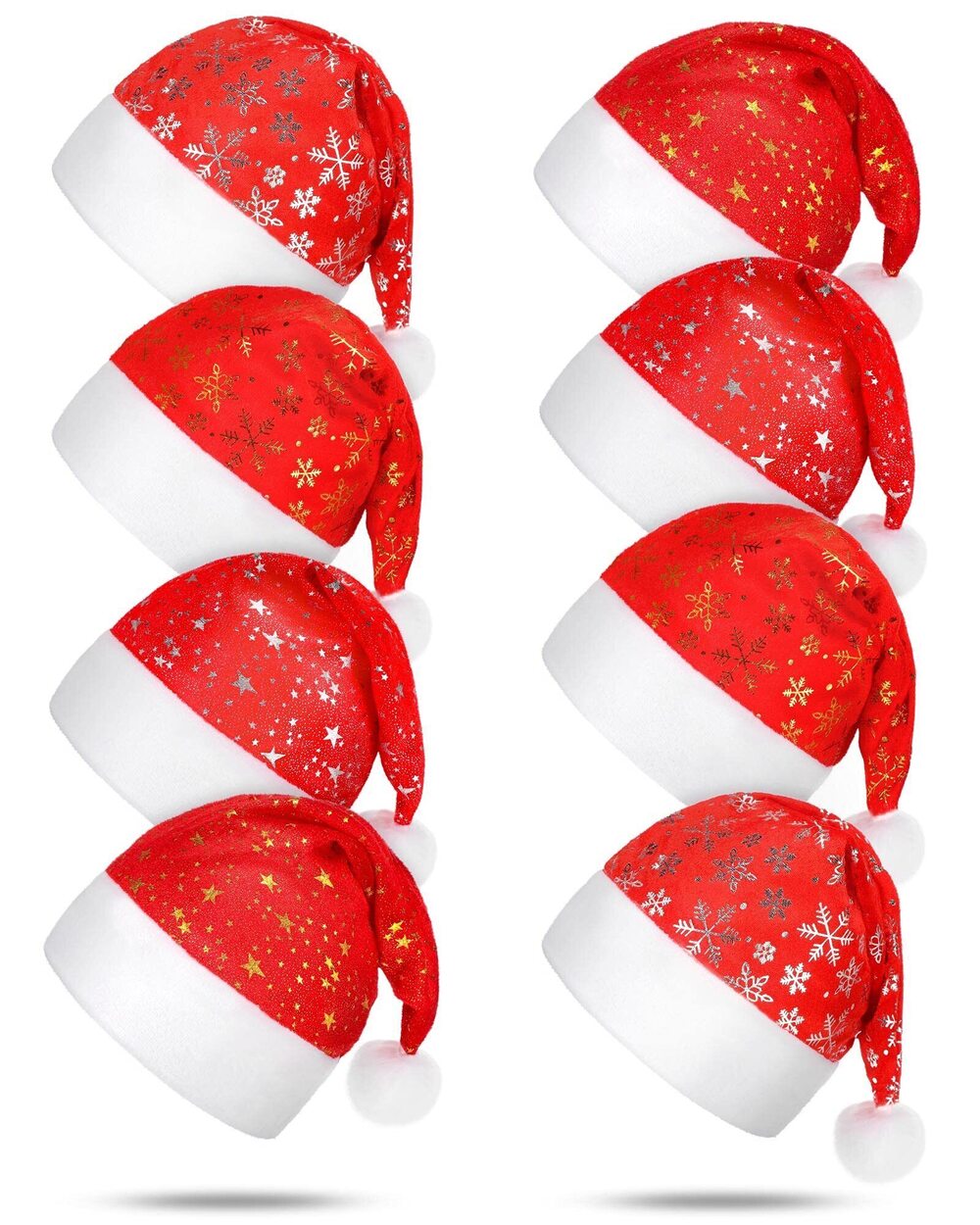 8168 8 Pcs Christmas Santa Hat Plush Fabric Red Glitter Star and Snowflake